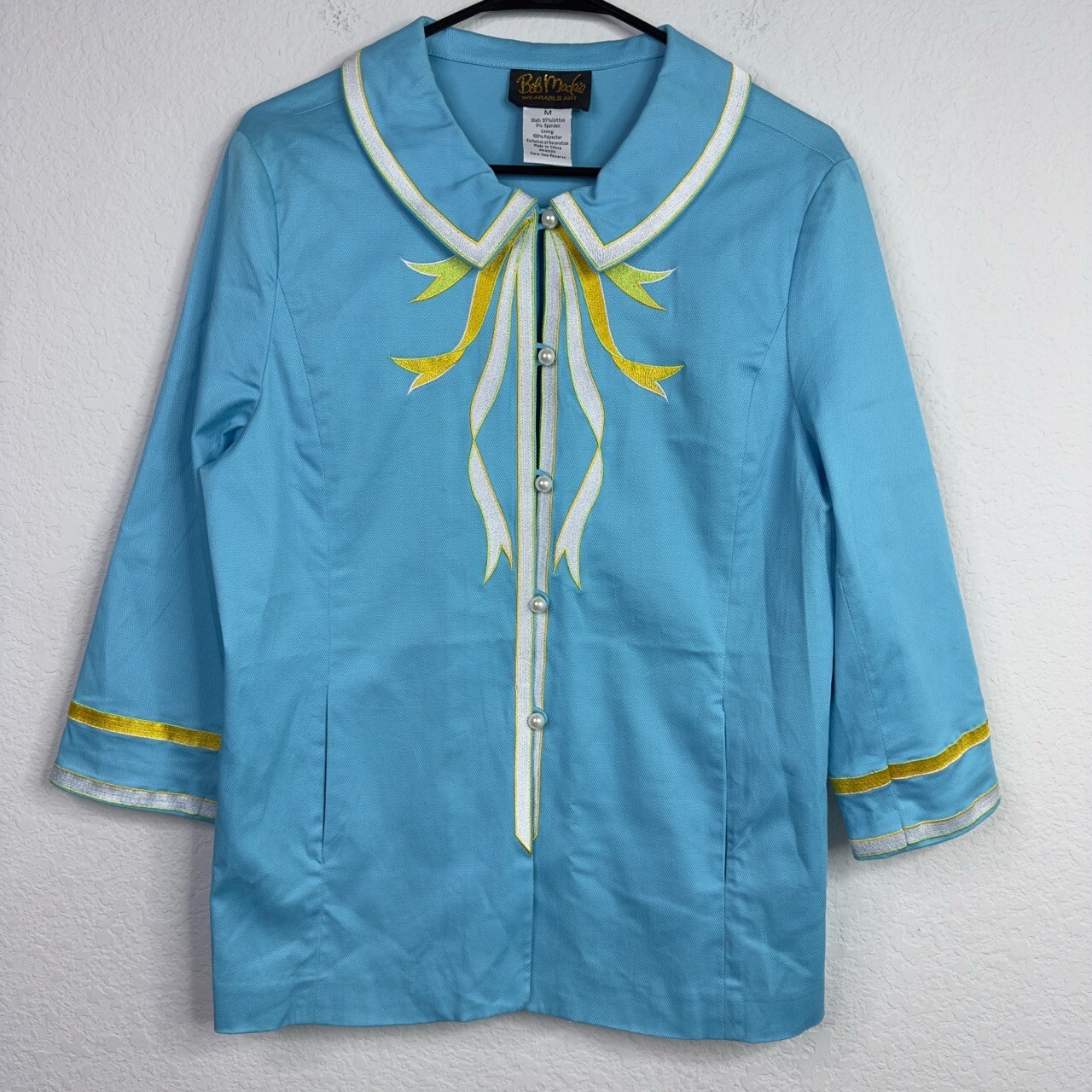 Bob Mackie Wearable Art Womens Light Blue Embroidered Vintage Blouse Size Medium