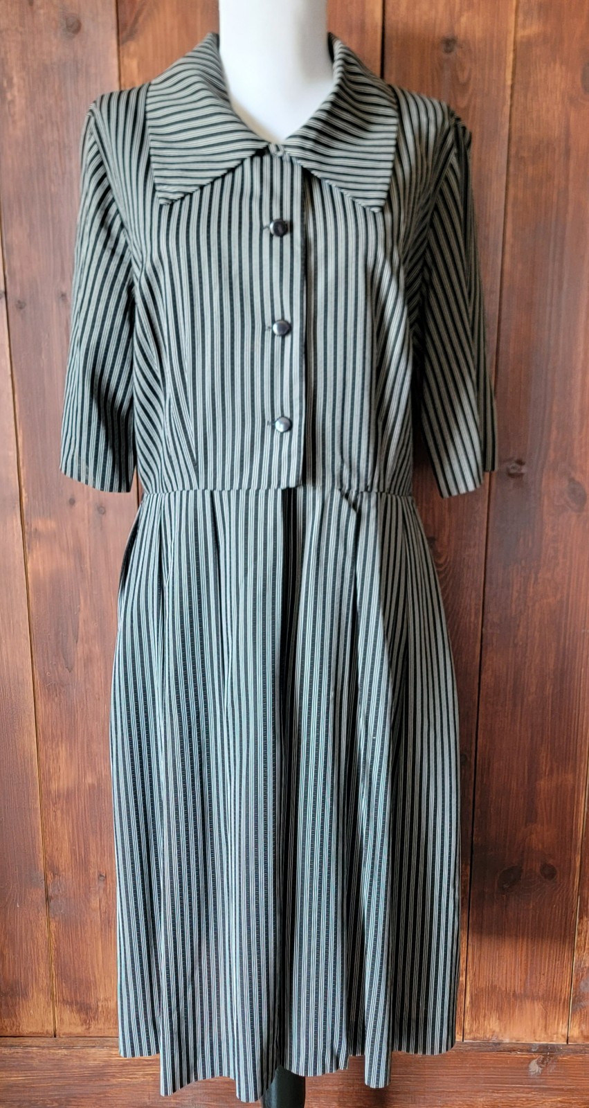 Vintage Miss Marilyn of Dallas 50s Black & White Striped Dress Collared Buttons