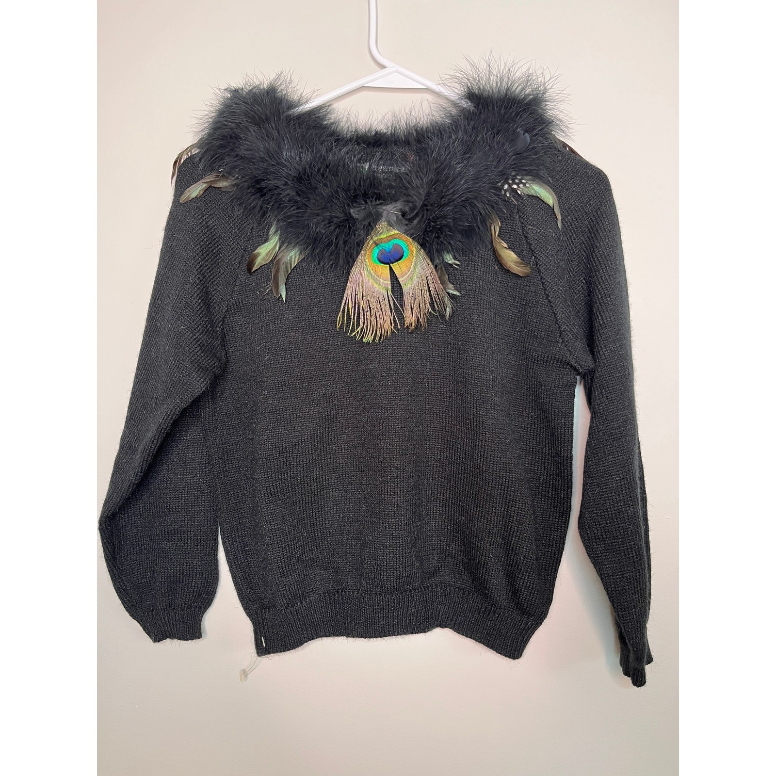 1970s Organically Grown Sweaters Peacock Bird Feathers Glam Boa Sweater M