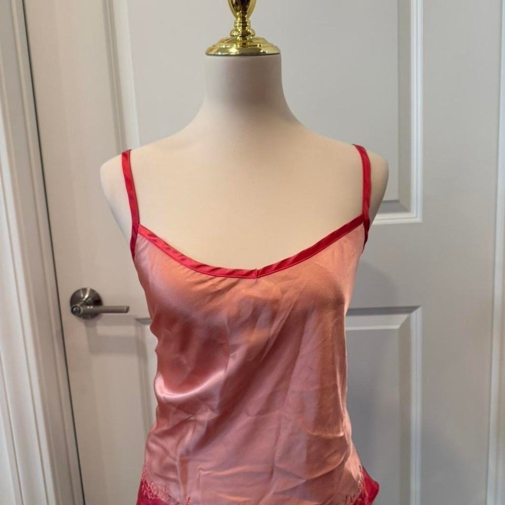 Y2K Secret Sleepwear Pink & Red Satin Cami Top Floral Embroidery Contrast Trim L