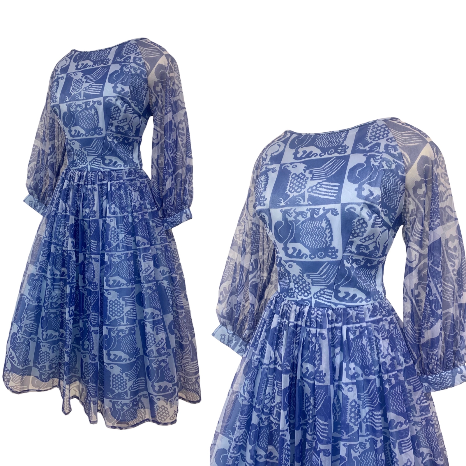 Vtg Vintage 1950s 50s Souvenir Novelty Print Fit And Flare Blue Bird Midi Dress
