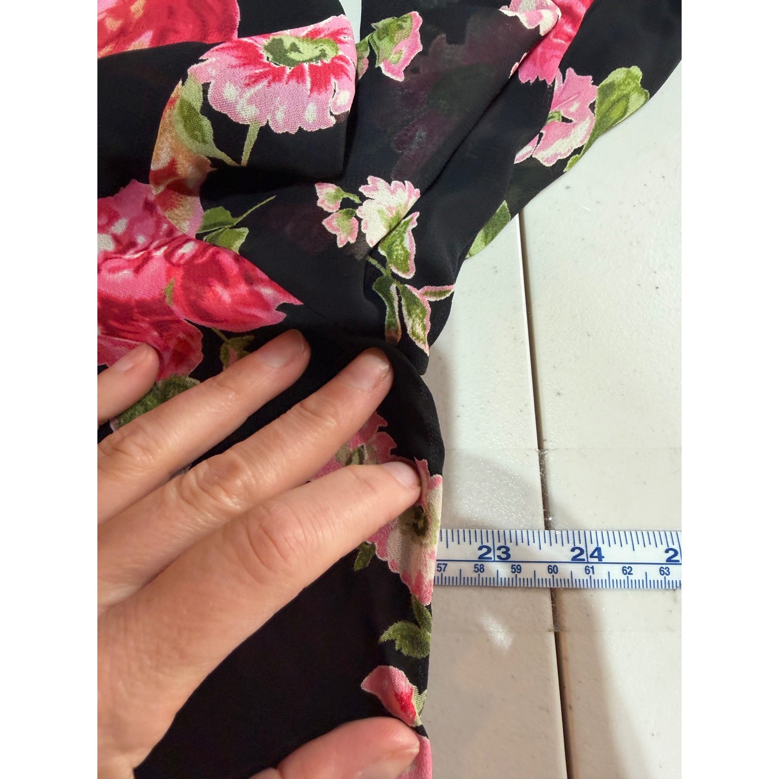 Carol Anderson Floral Blouse Women 16 Black Pink Rose Sheer Rayon Cottagecore