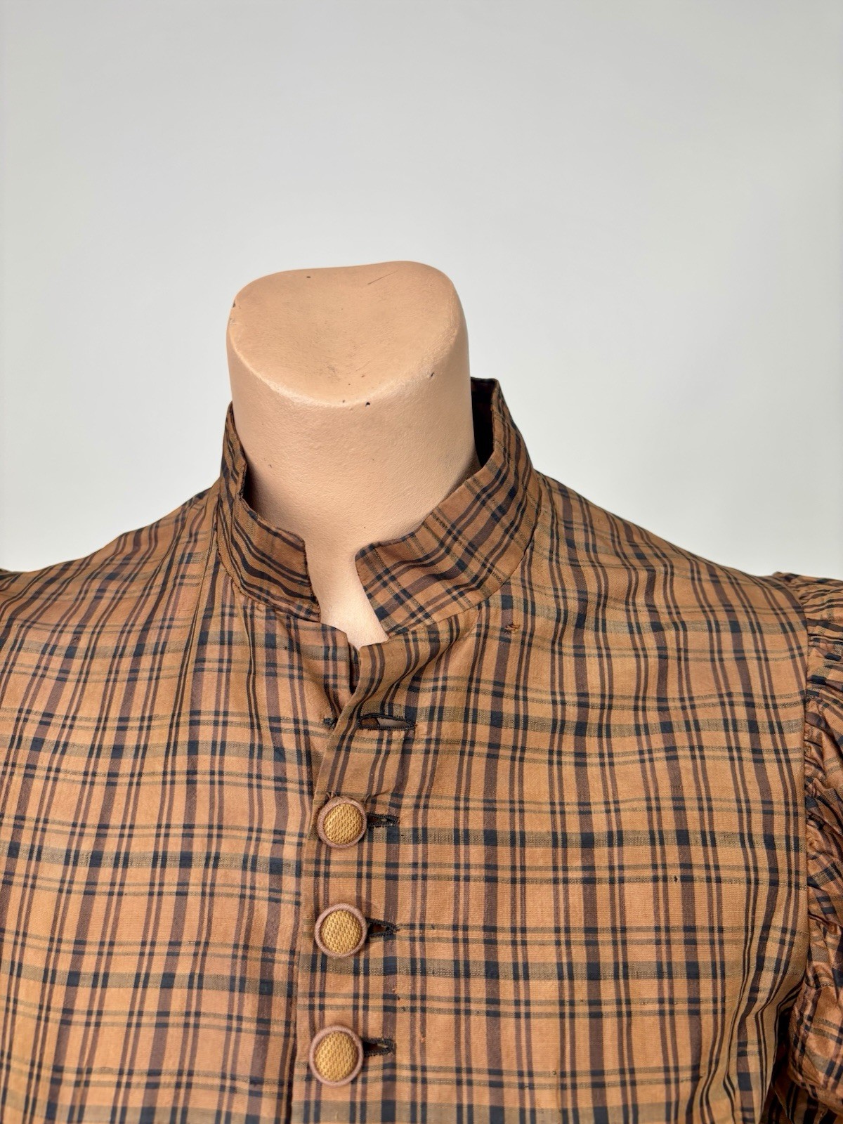 Antique Victorian 1890 Jacket Bodice Leg of Mutton Sleeve Brown Black Plaid Silk