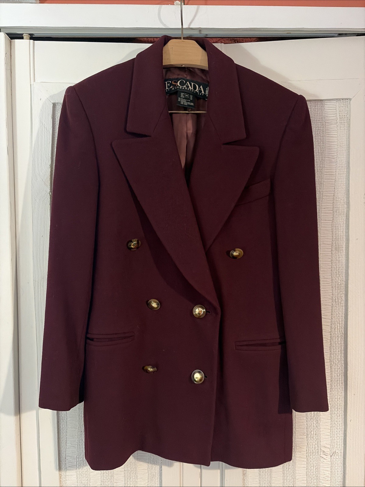Vintage Escada Margaretha Ley Burgundy Wool Blazer Gold Buttons EU 34 US 2