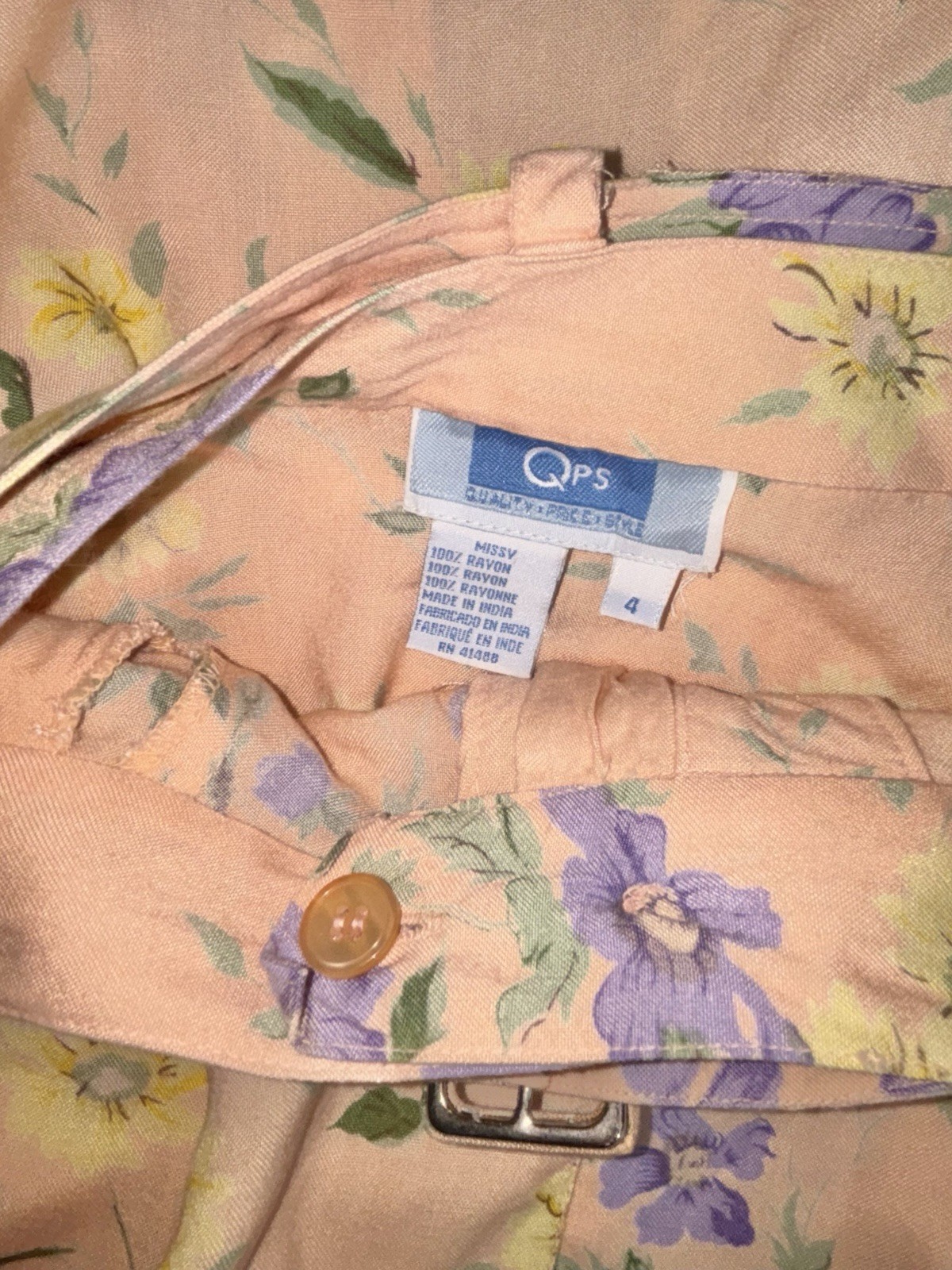 QPS Women Size 4 Vintage Button Up Belted Midi Godet Skirt Peach Floral Pockets