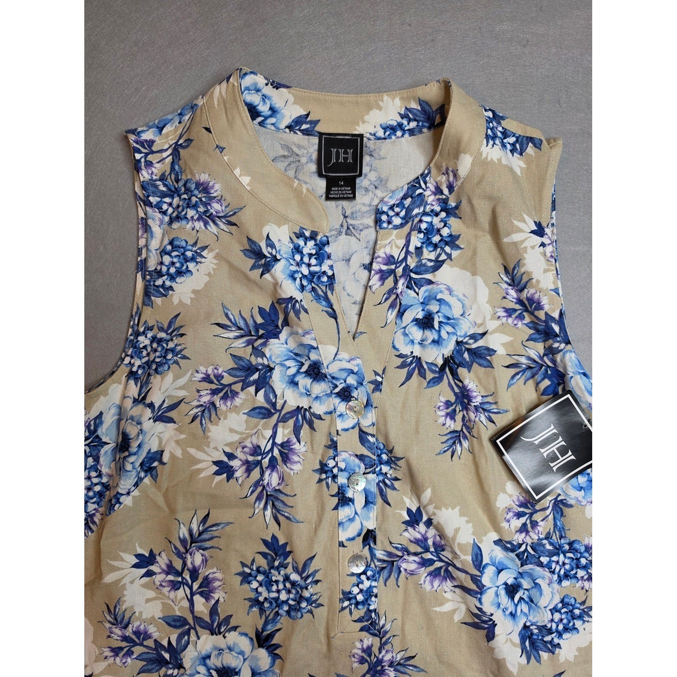 JH Women’s Dress Size 14 Tan Blue Floral Print Rayon Linen V-Neck Sleeveless