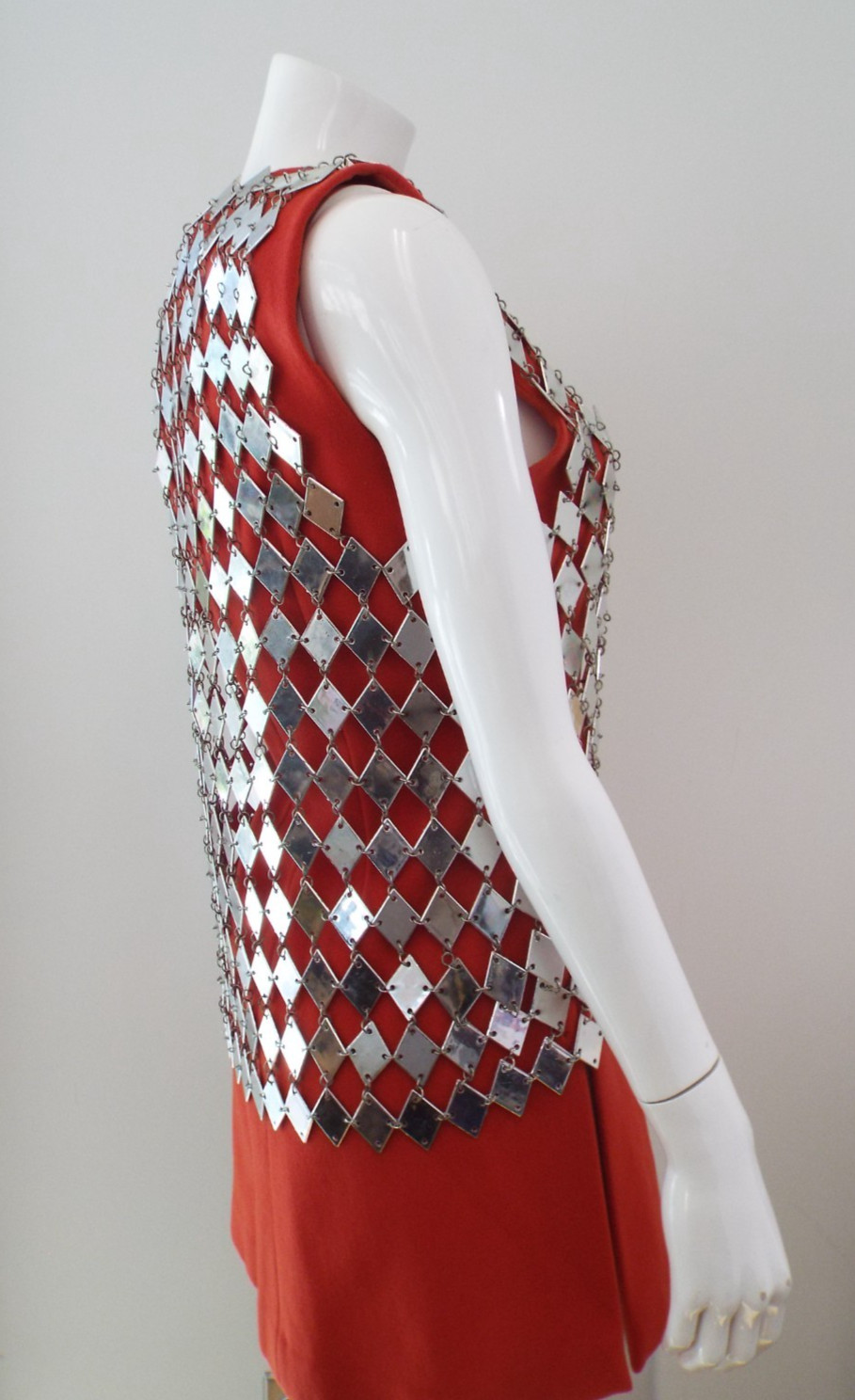 VTG 1960s Silver Tone Chainmail Long Vest Top Mirror Finish Paillette Chain Mail