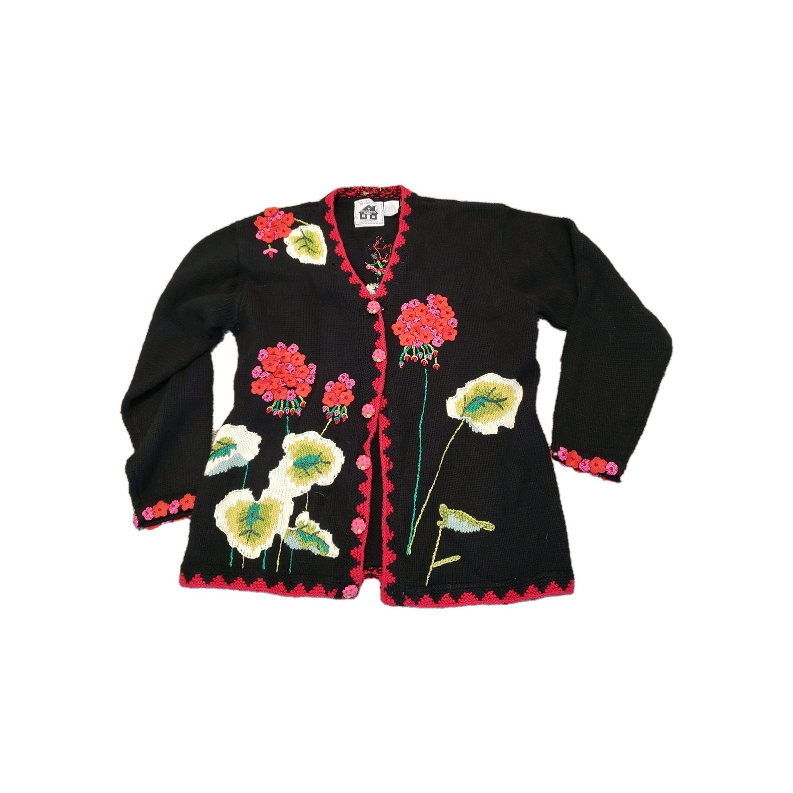 Storybook Knit Holiday Party Sweater Cardigan Geraniums M 44 x 26 in