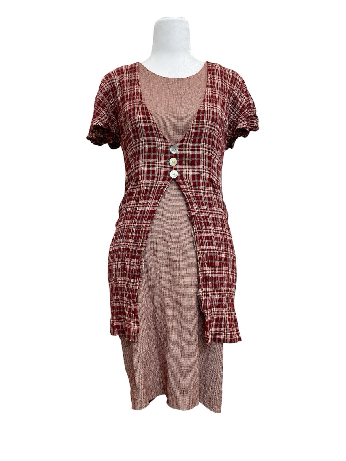 Expo Petite Vintage 90s Red Plaid & Herringbone Twofer Dress sz 12