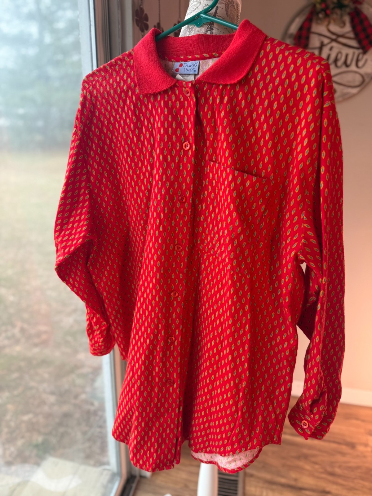 Vtg 80s COTTON Flannel Paisley MEDALLION Feather RED ROCKABILLY David Peet L/16
