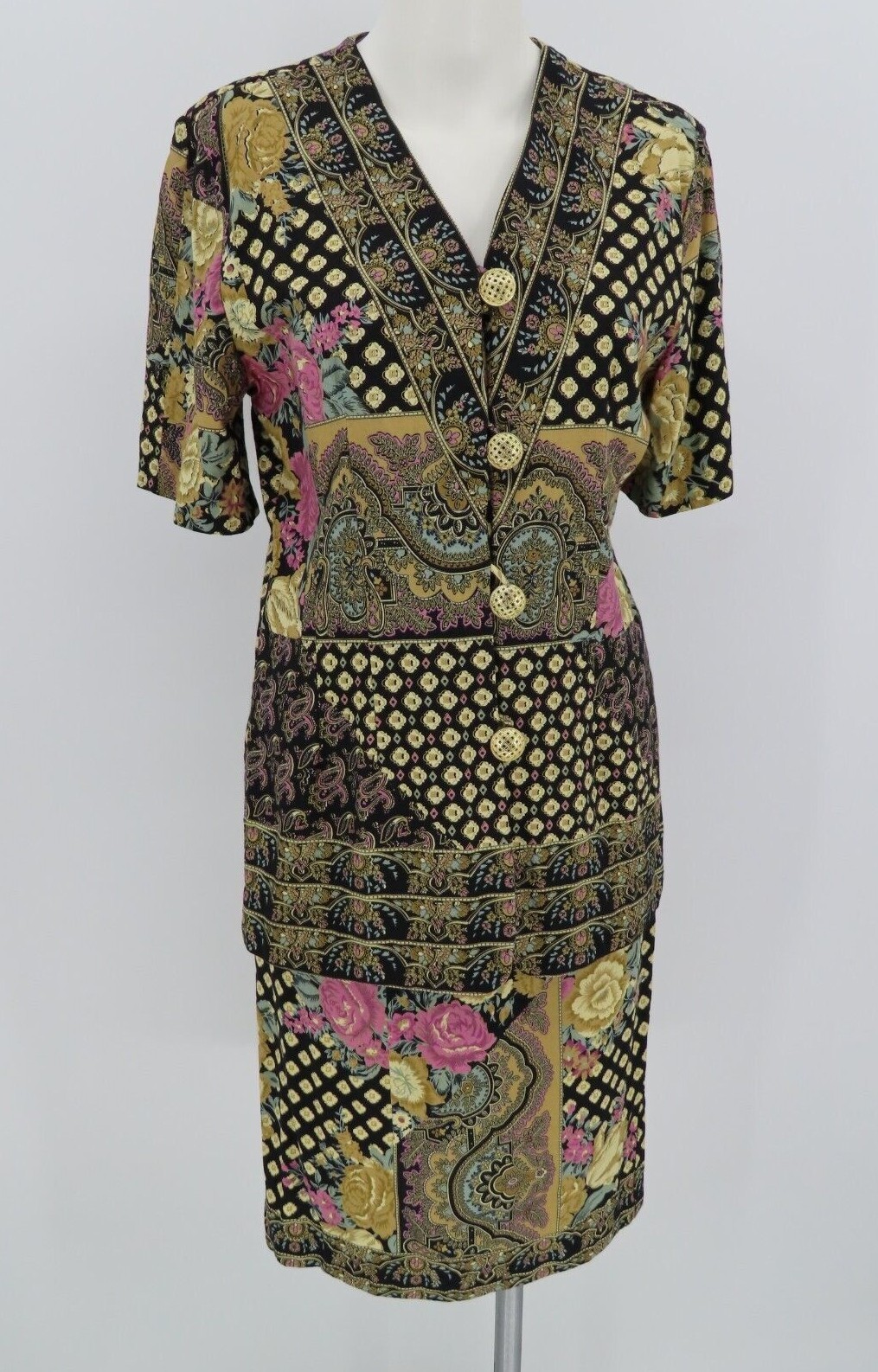 Vtg Lady Carol Of New York 2 Piece Dress Set Floral Cottagecore Black Pink SZ10