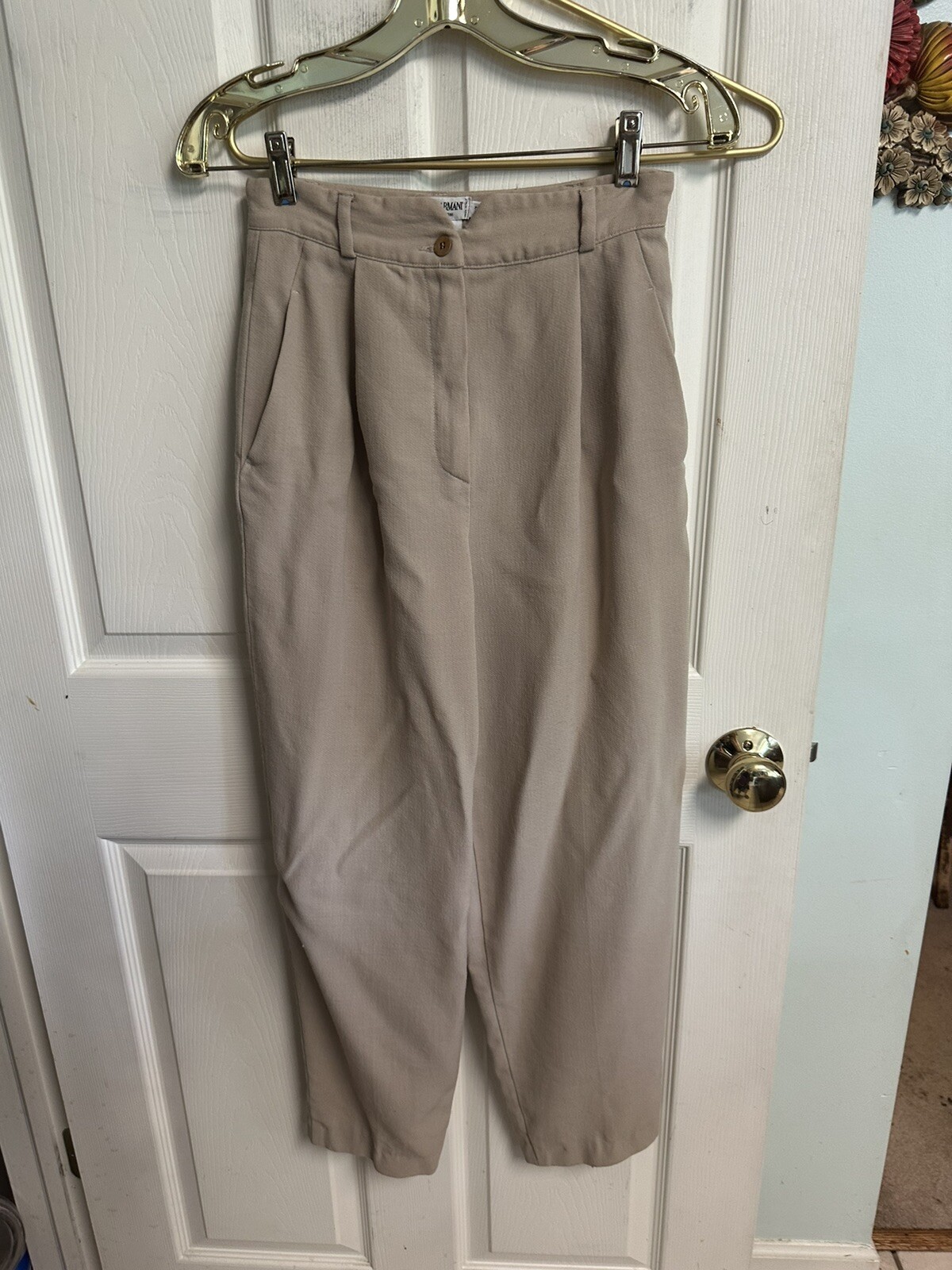 VNT 90s GIORGIO ARMANI pants trousers stretch wool straight Tan beige Med 42 8