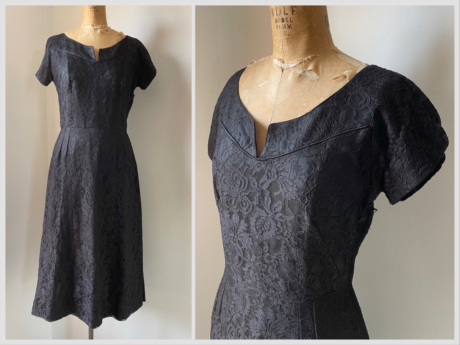 Vintage 1950’s Black Lace Cocktail Dress LBD Party Mid Century S