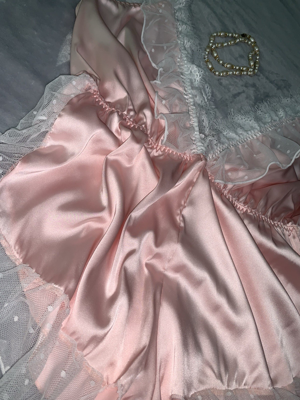 NEW GloSSy Satin Romper Bodysuit Teddy 2X Frilly SOFT Pink Polkadot Fairycore
