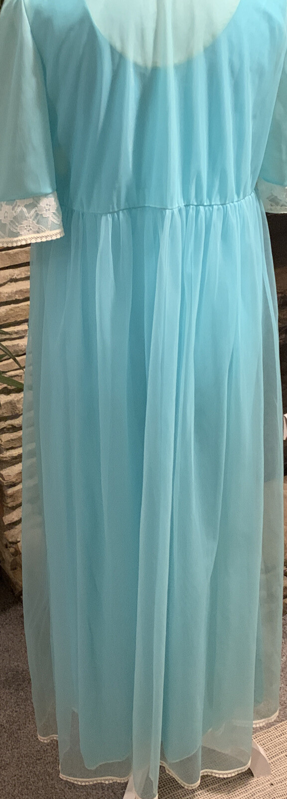 1970 Peignor Set Blue Vintage 70s Robe & Nightgown Silky Blue Nylon Lace (Q)