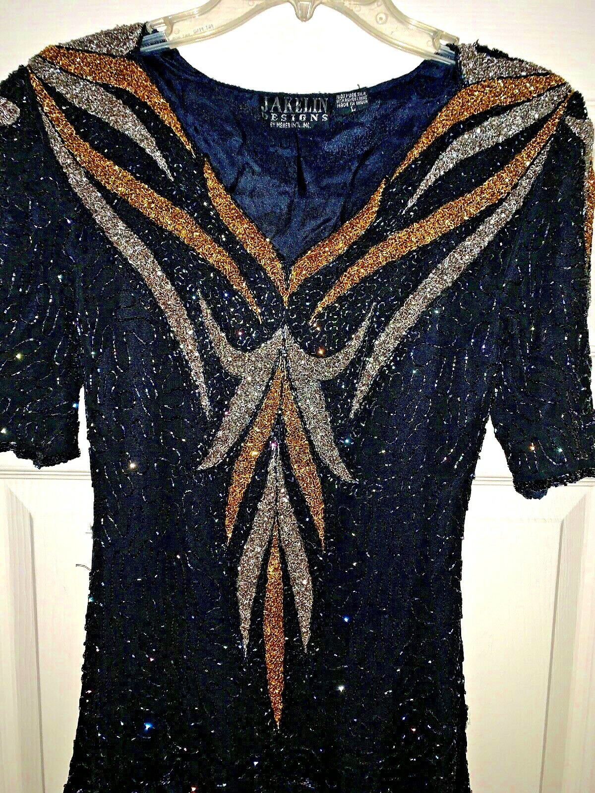 Jakelin Designs Meker VINTAGE 100% SILK Black Silver Gold Beads Sz L ❤️tb9j12