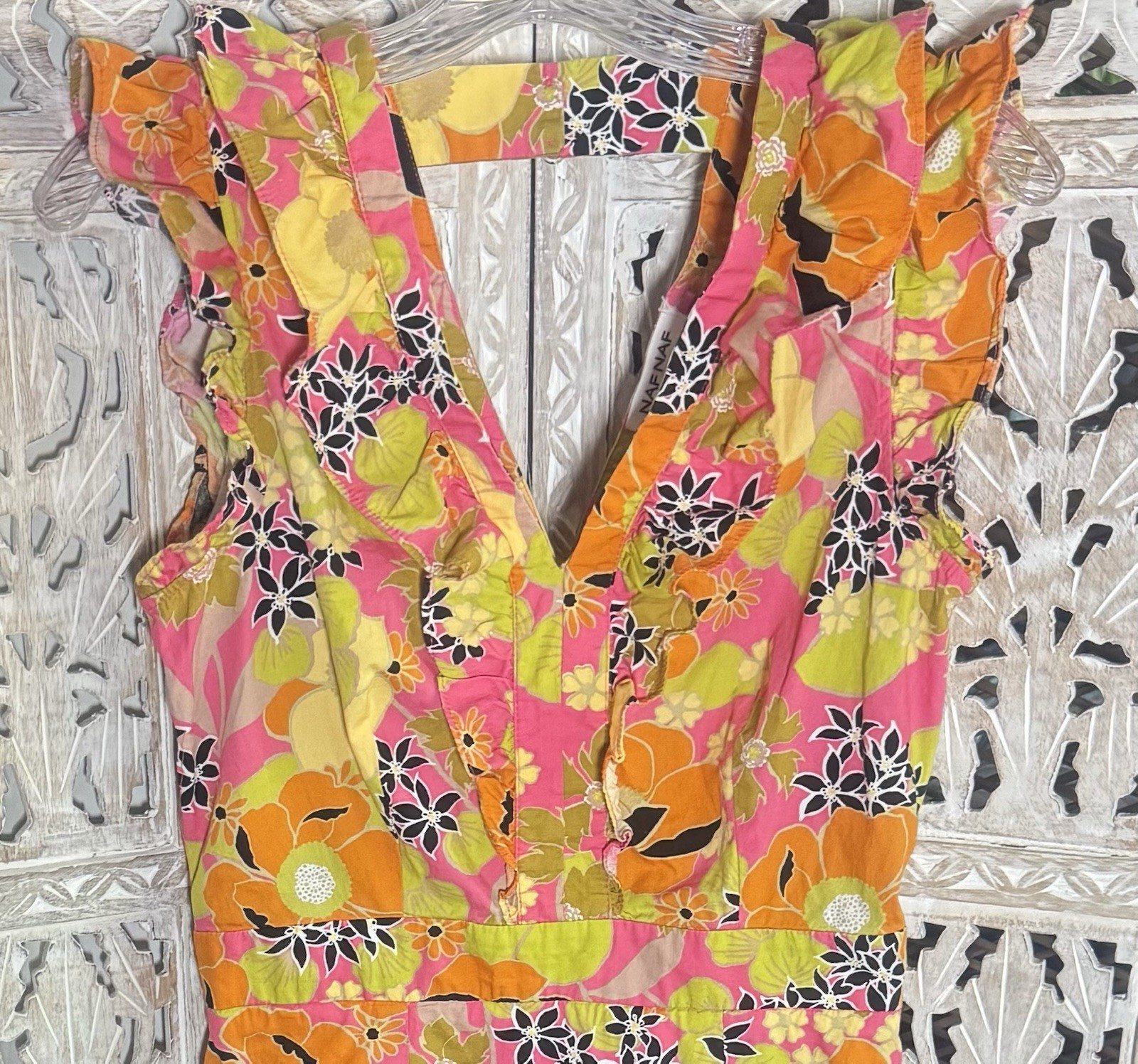 Vintage Neon Floral Cotton SZ M Dress Vneck Ruffles Surfer Girl Beach Boho Luau