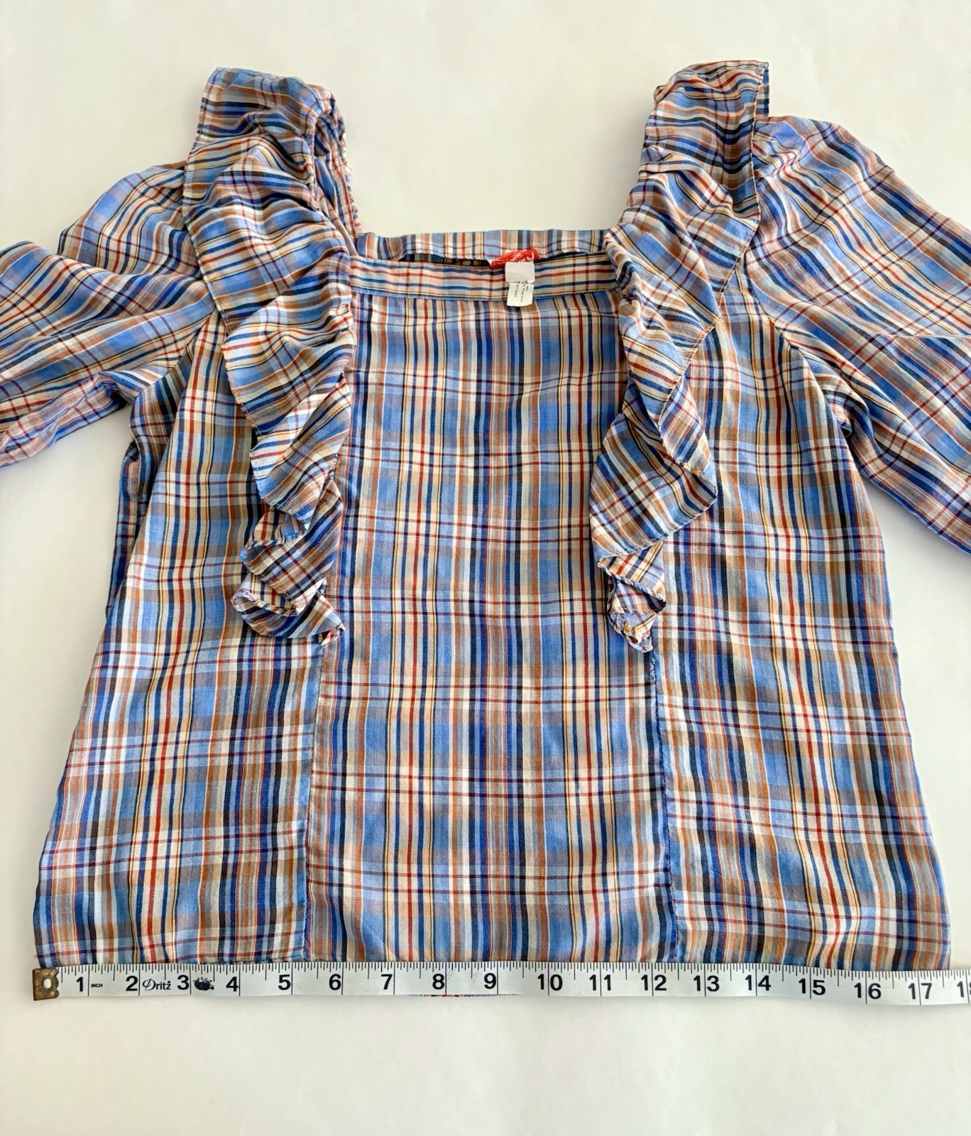 Vintage 70s Plaid Prairie Ruffle Blouse M Cottagecore Puff Sleeve Peasant Top