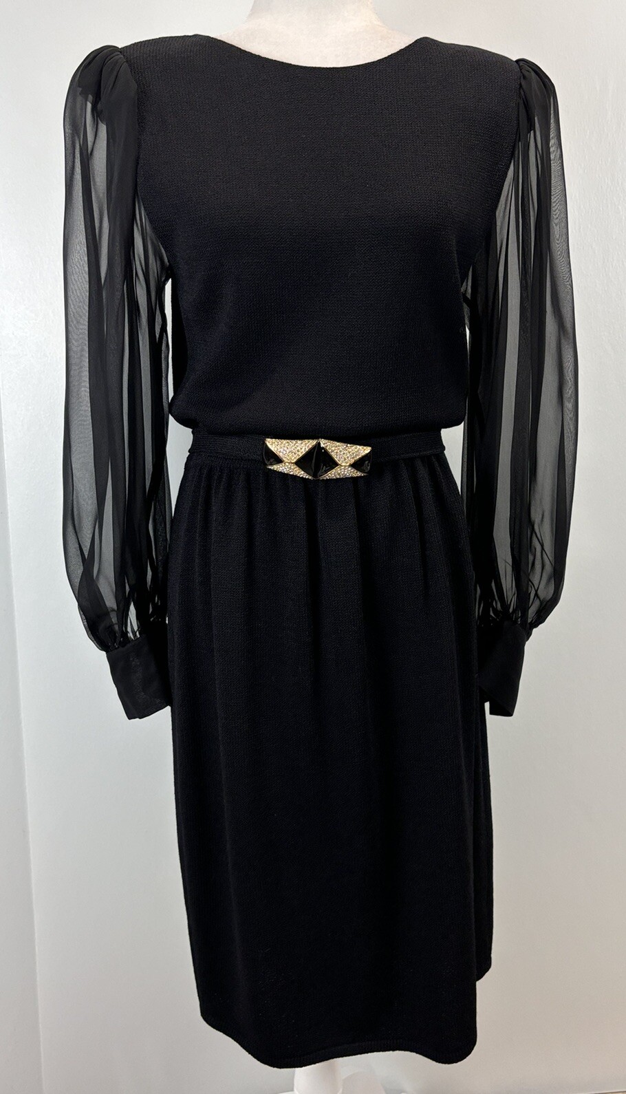 Vtg St. John By Marie Gray Knit Dress Black Sheer Sleeves Belt Cuff Buttons HTF