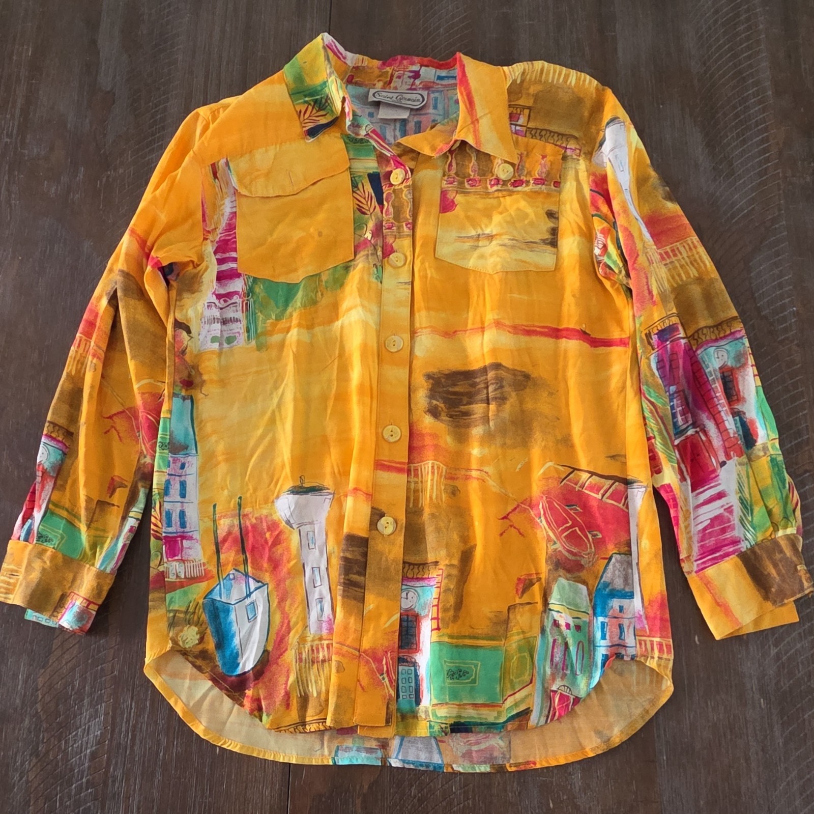 Vtg 1980s Saint Germain Rayon Blouse Top Yellow Abstract Buildings Print Size SM