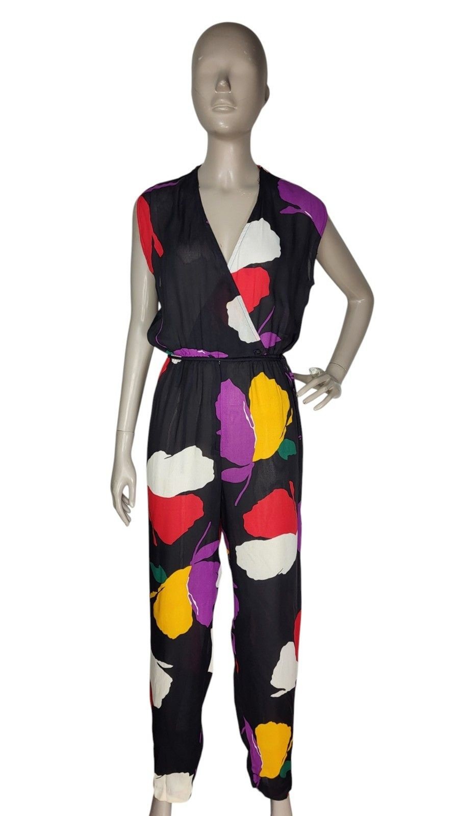 Vintage 70s/80s Ann Marie Black Abstract Floral Sleeveless Surplice Jumpsuit