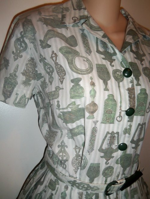 Vtg 50s VIRGINIA HART Cotton Fabric KITCHEN THEME Belt Dress DEADSTOCK M L NOS