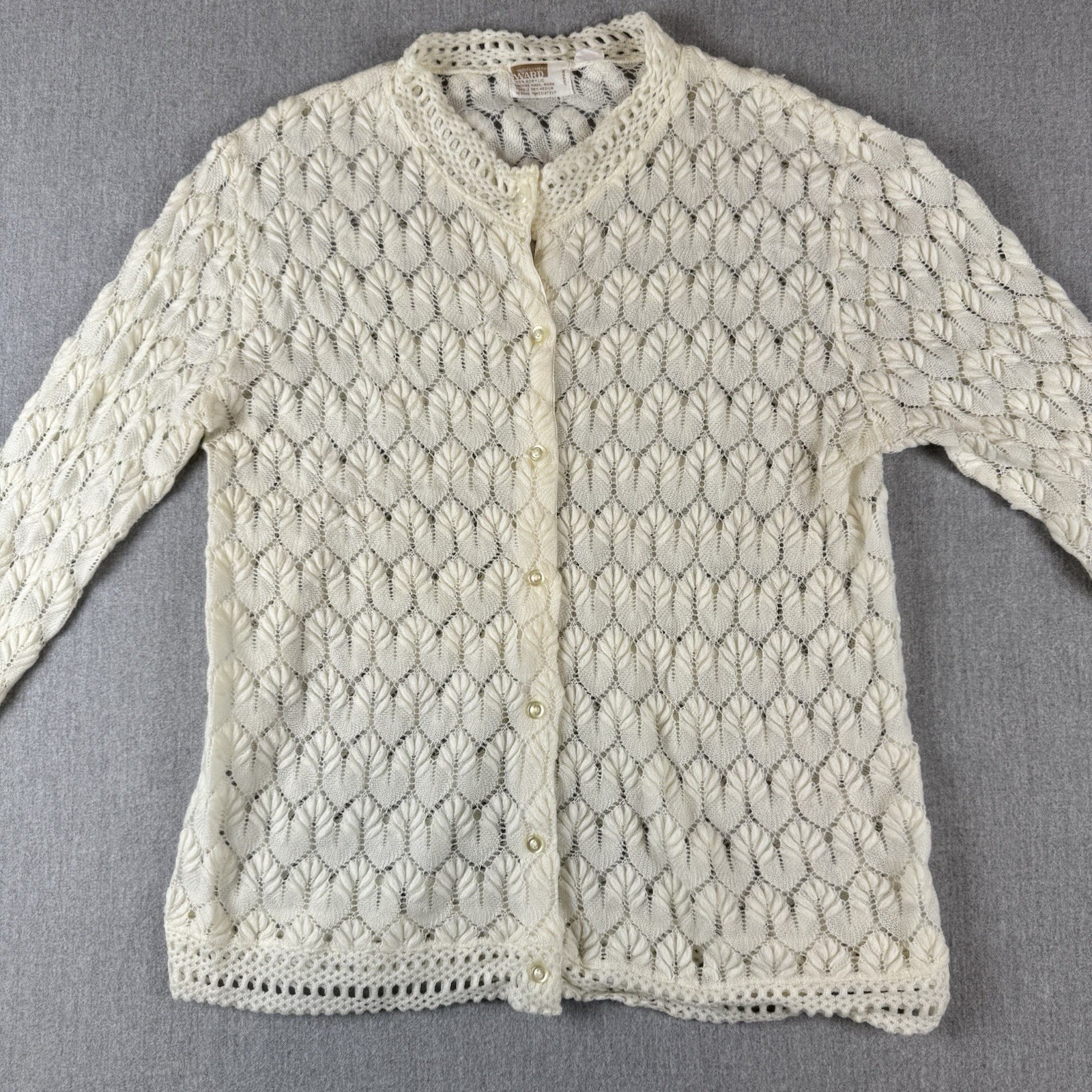 Vintage Montgomery Ward Cream Crochet Lace Knit Cardigan Button Front No size