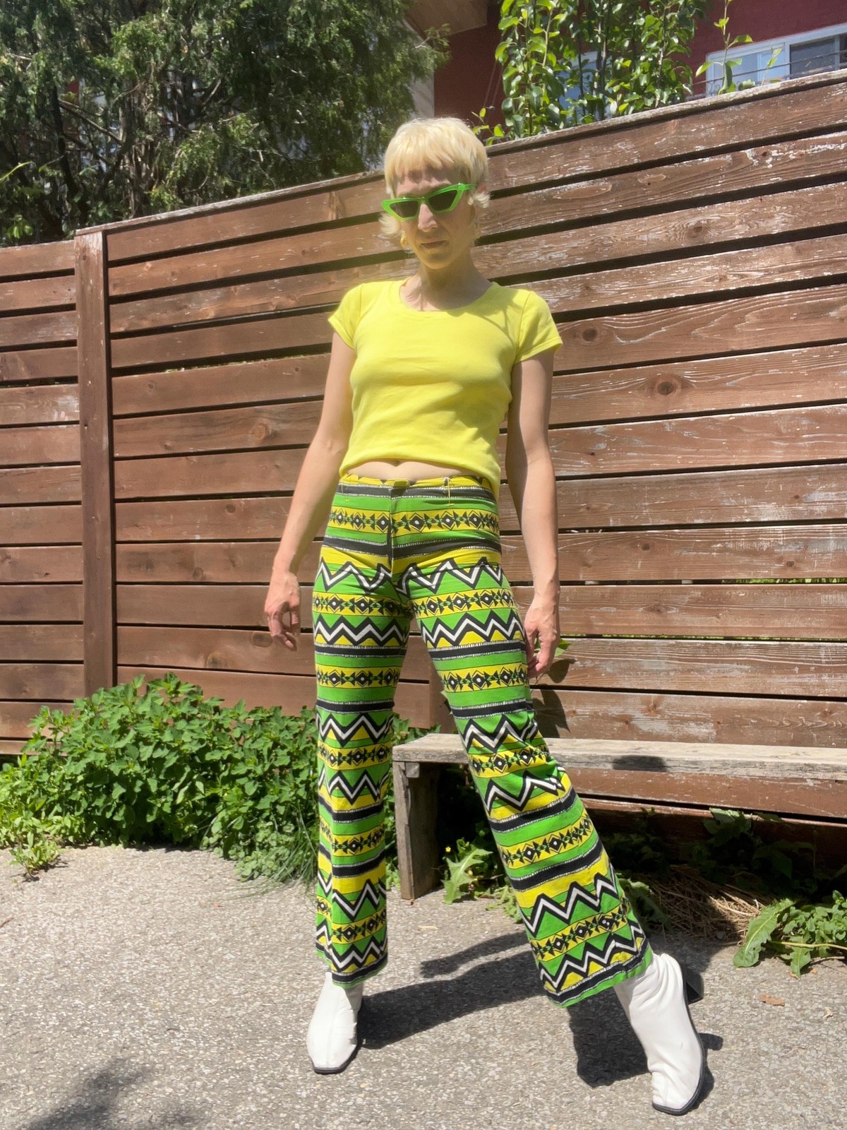 LEMON LIME Vintage 1960s Mod Psychedelic Zig-Zag Striped Bell Bottoms, NOS