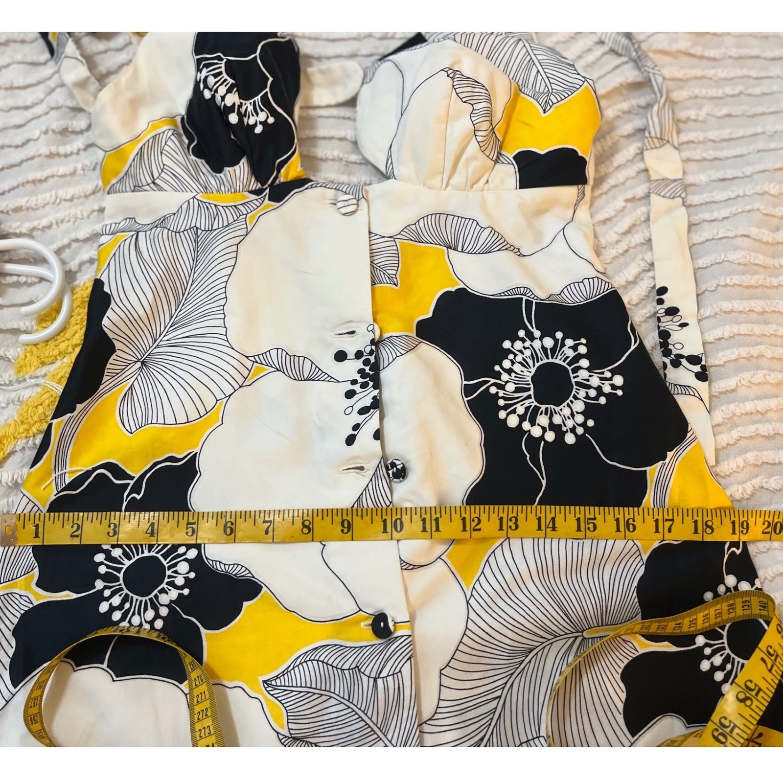 Vintage Sun Fashions Hawaii Floral Dress 12 Halter Button up Blk, yellow white