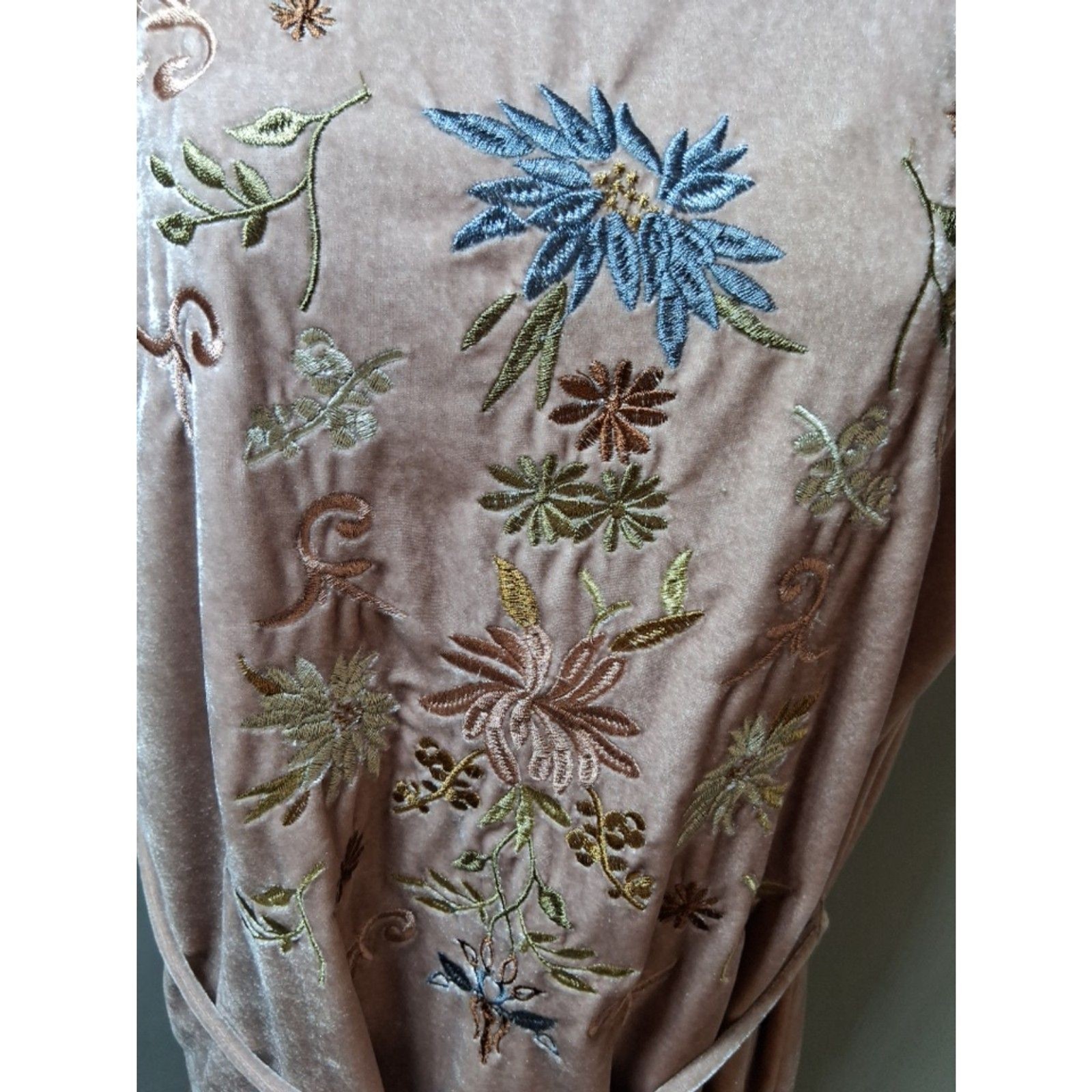Mystree Rose Gold Crushed Velvet Floral Embroidered Boho Tunic Mini Dress M