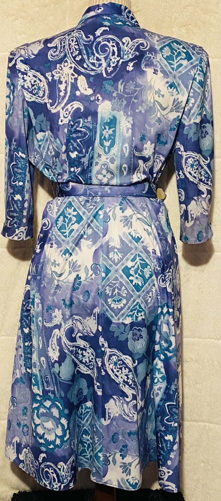 VTG 70s 80s California LOOKS Floral Paisley Belted Tea Day Dress Blue Women’s 8P