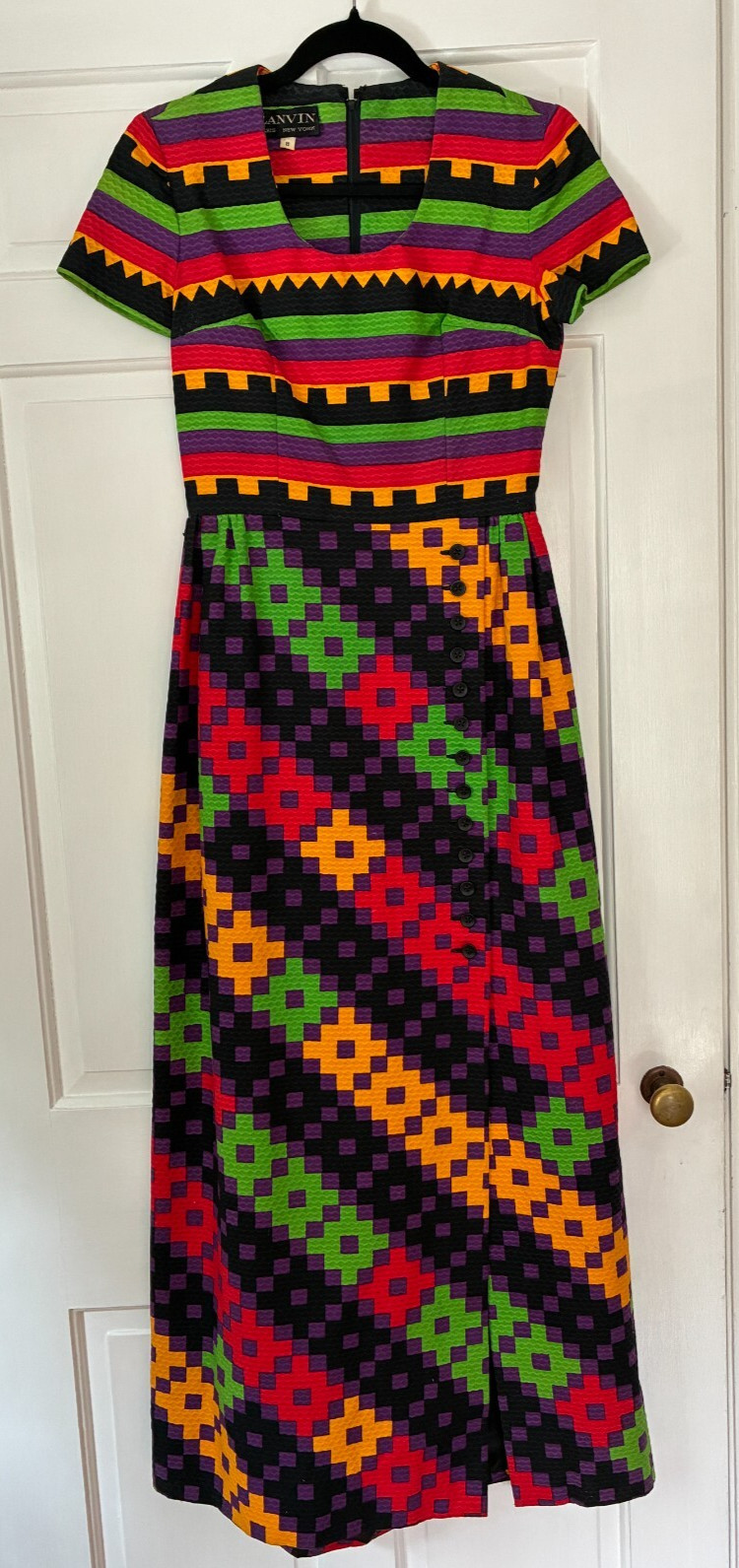 Excellent Cond 1970’s Lanvin geometric print maxi dress || vtg sz 8, modern 4/6