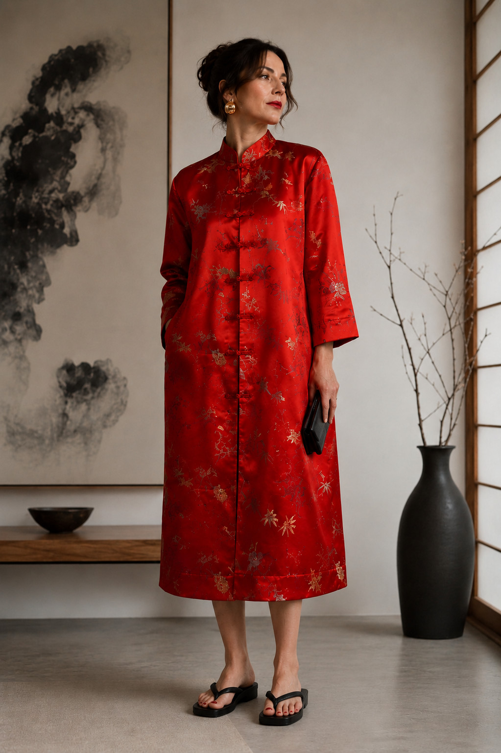 Vintage Kimono Silk Coat Red China Coat 70s Embroidery Silk Size 38 40 42