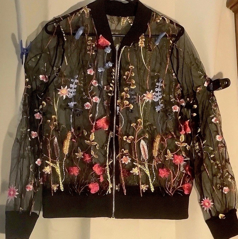 Embroidered Black Sheer Jacket Flowers Emory Rose Nylon Zippered Front Disco