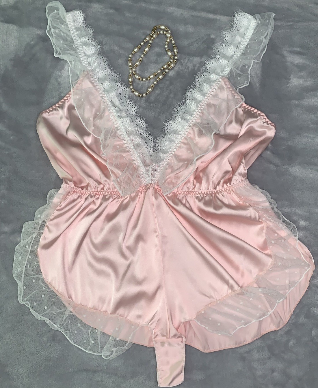 NEW GloSSy Satin Romper Bodysuit Teddy 2X Frilly SOFT Pink Polkadot Fairycore