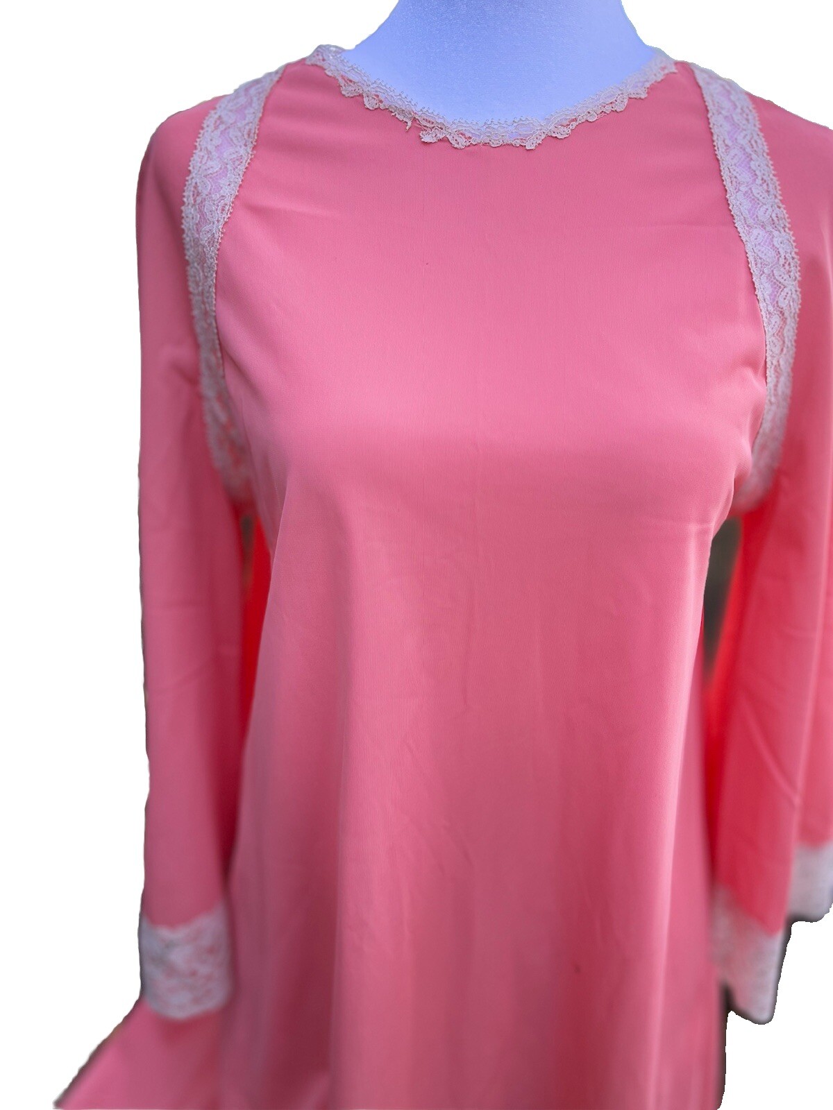 Vtg Nightgown Artemis Angel Wing Flutter Sleeve Nylon Lace Candy Pink Coral 36 S