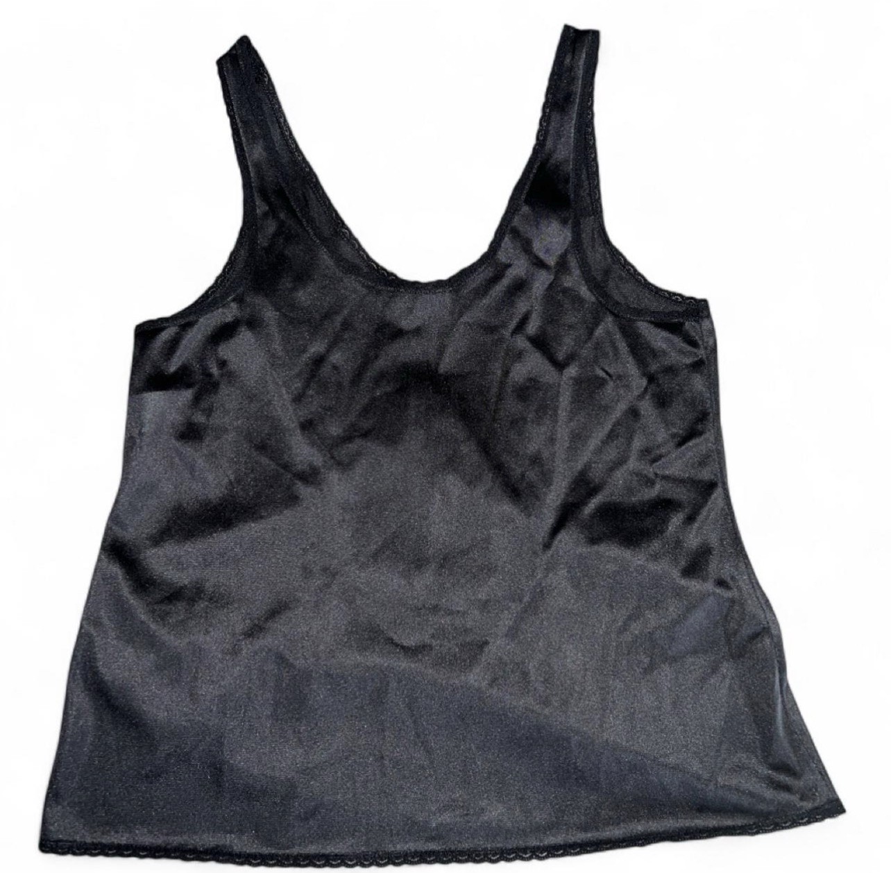 Vintage 90s Vassarette Black Satin Camisole Top Lace Trim Style 17-109 USA Made