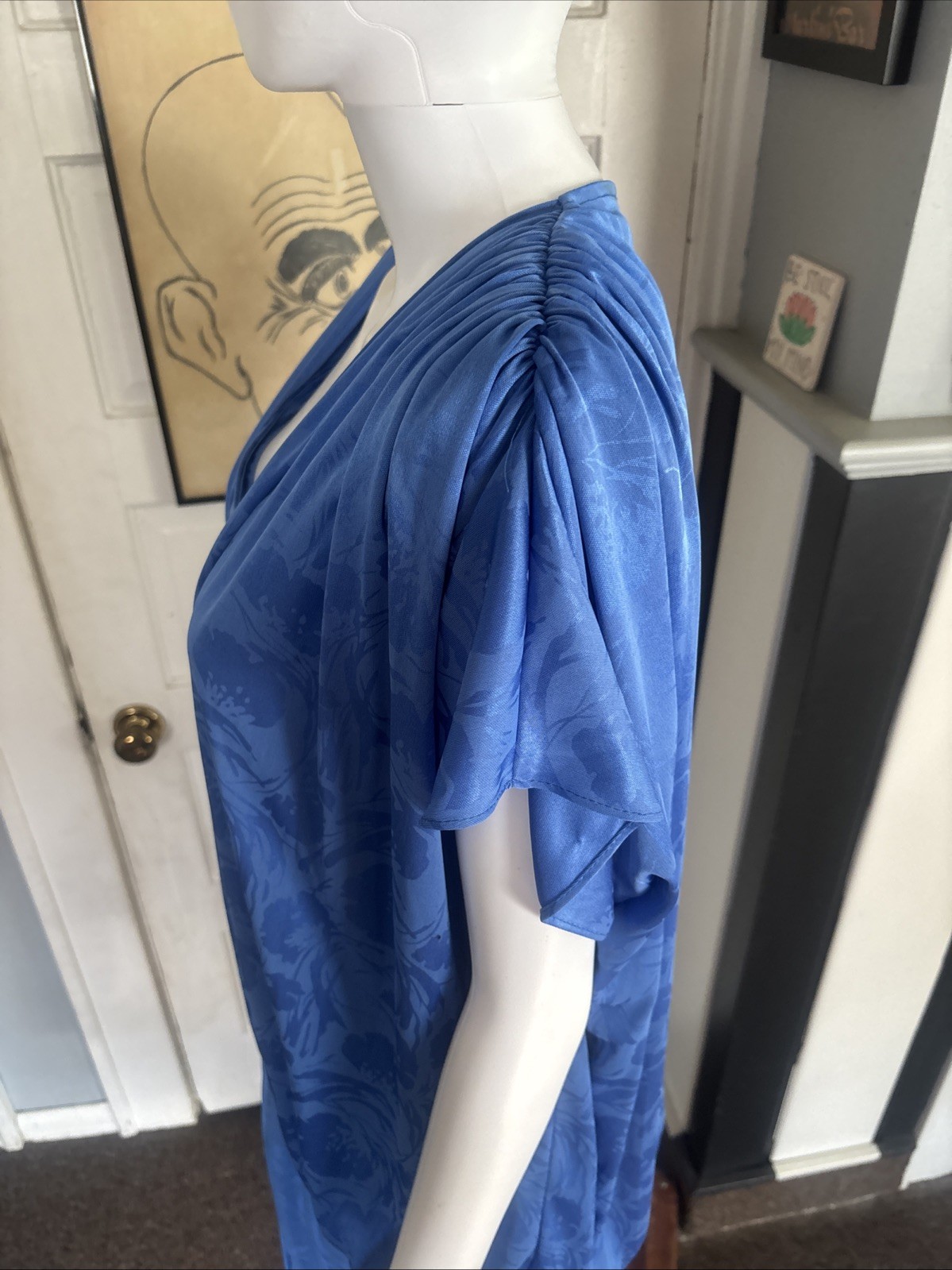 80s RICCARDO Drop Waist Dress Blue Size 16.5 USA made Silky Floral Shoulder Pads