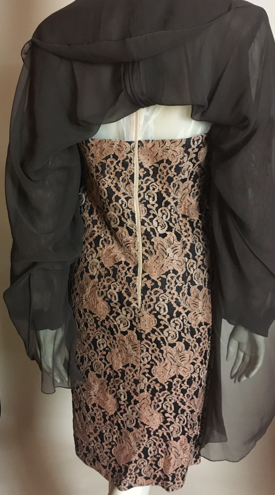 1980s Vintage Travilla YT Brown Sheer Draped Chiffon Gold Lace Cocktail Dress XS