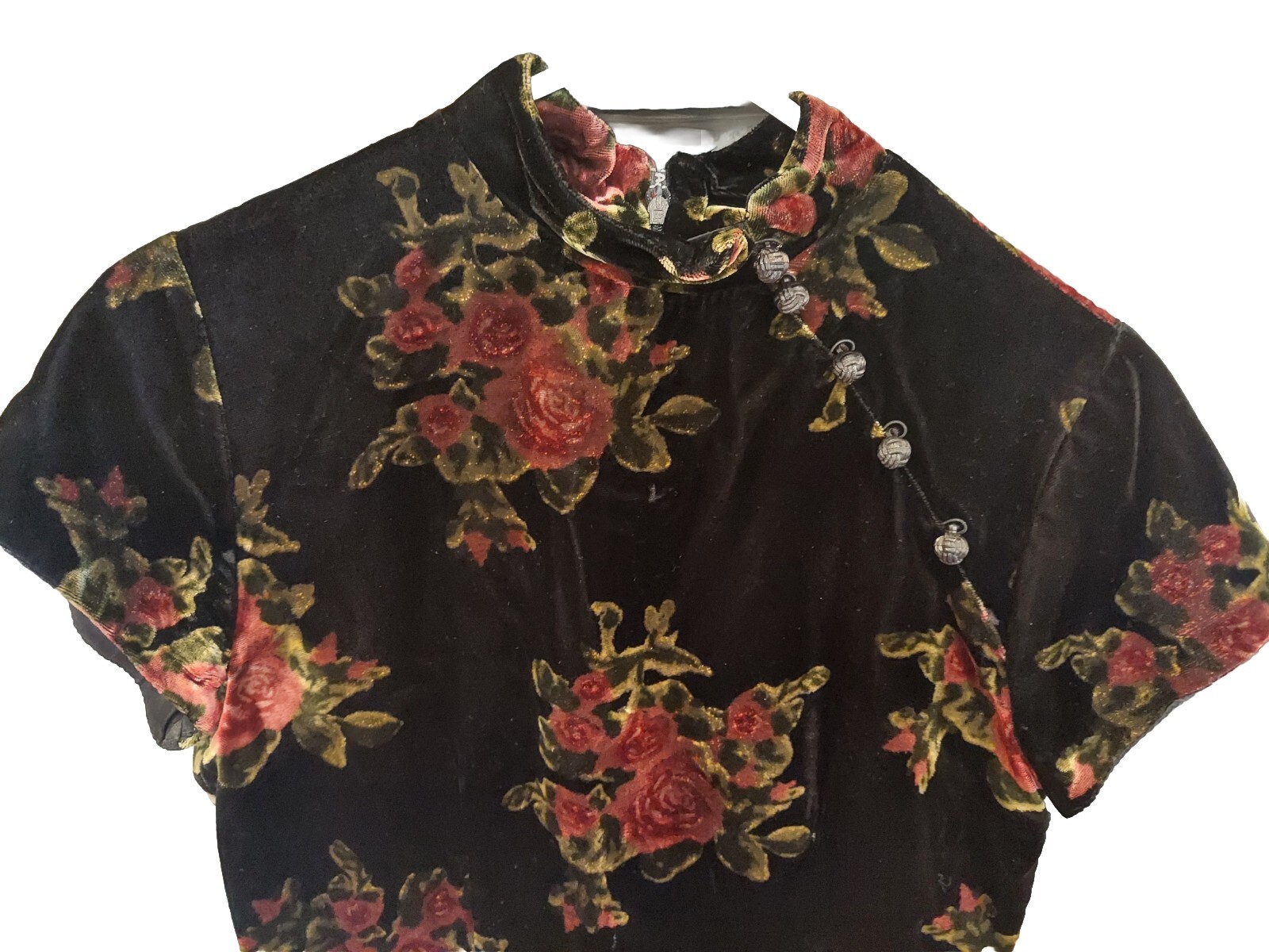 Vtg Long Black Floral Velvet Cheongsam Short Sleeved Sz 6 Erika Eriksson