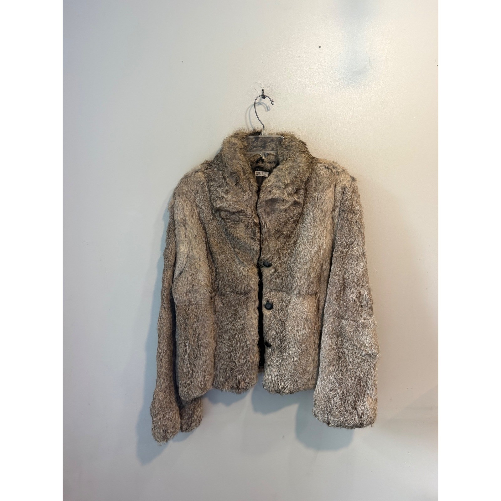 Vintage Rabbit Fur Jacket Womens Large Brown Gray Real Fur Coat Korea RN 50804