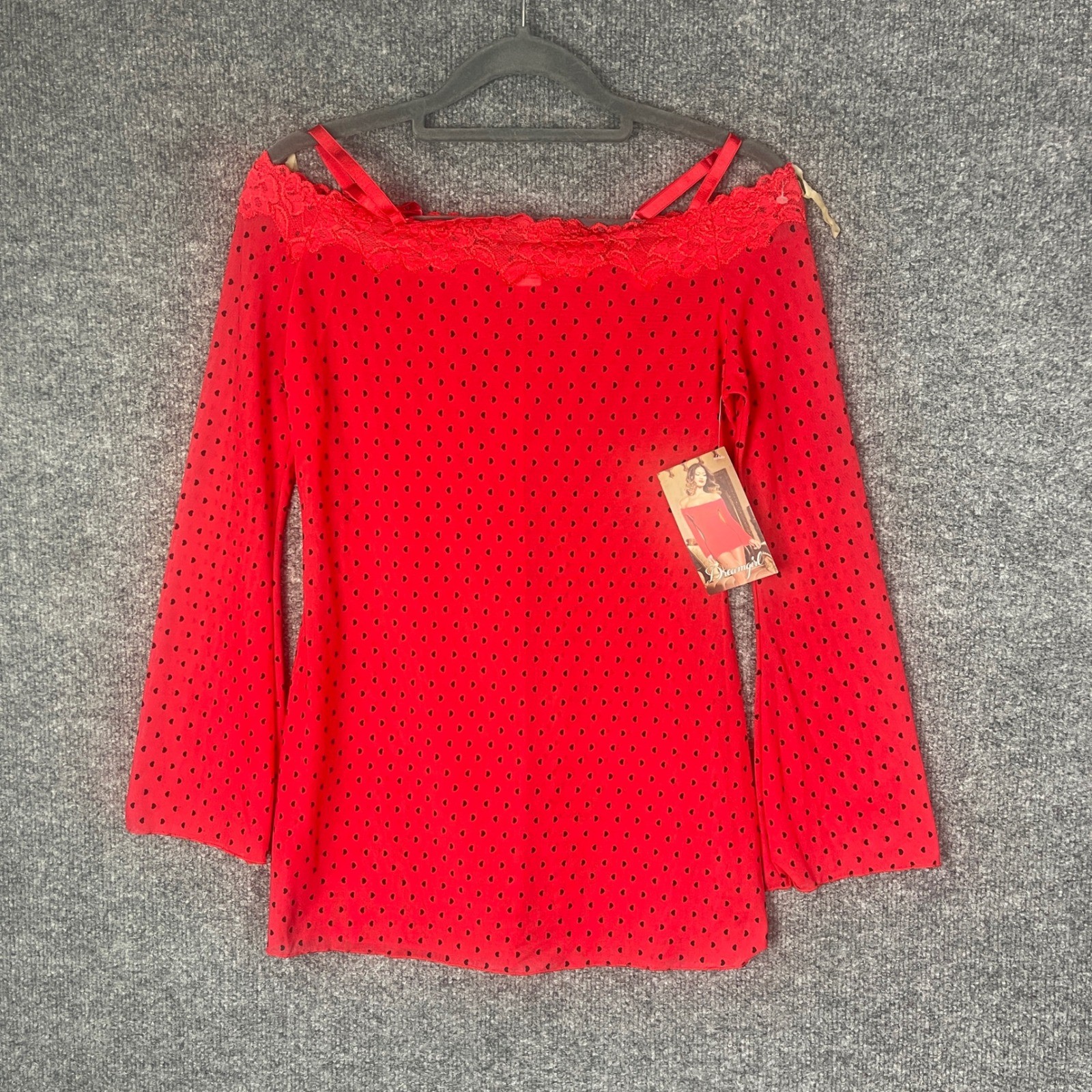 NEW VINTAGE Y2K Dreamgirl dress Small Red polka dot Heart Mesh Off Shoulder