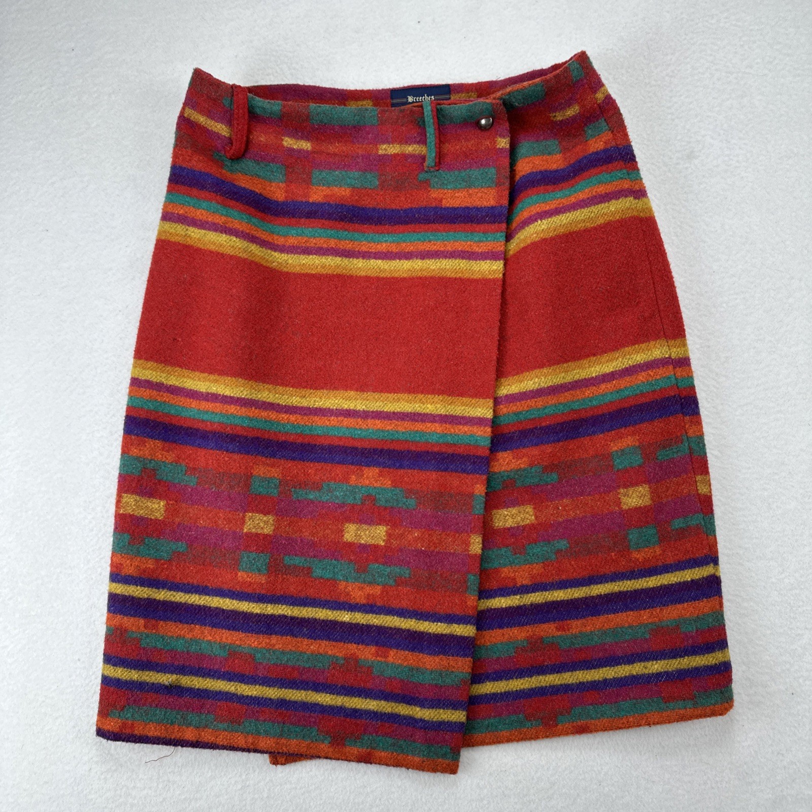 Breeches Vintage Wool Southwestern Stripe Wrap Skirt Red Multicolor Aztec Sz 12