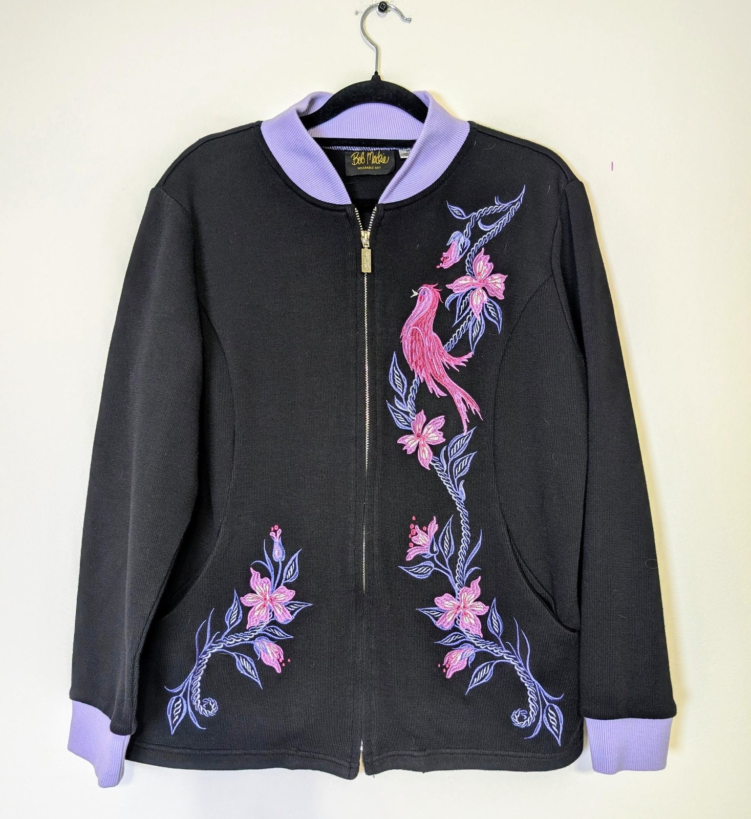 Vintage Bob Mackie Wearable Art Embroidered Bird Jacket Medium Black Maximalist