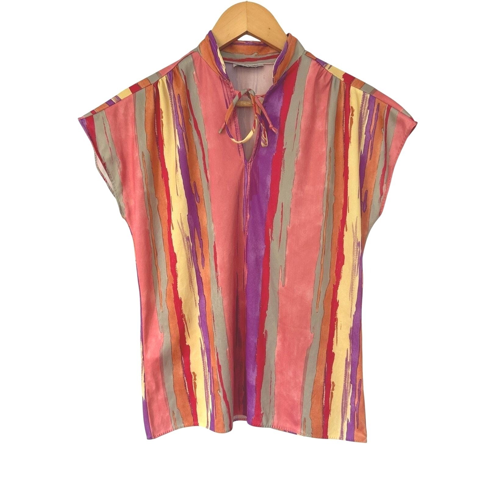 Vintage Copy Cats Statement Abstract Tie Keyhole Neck Top L Artsy Dolman Sleeve