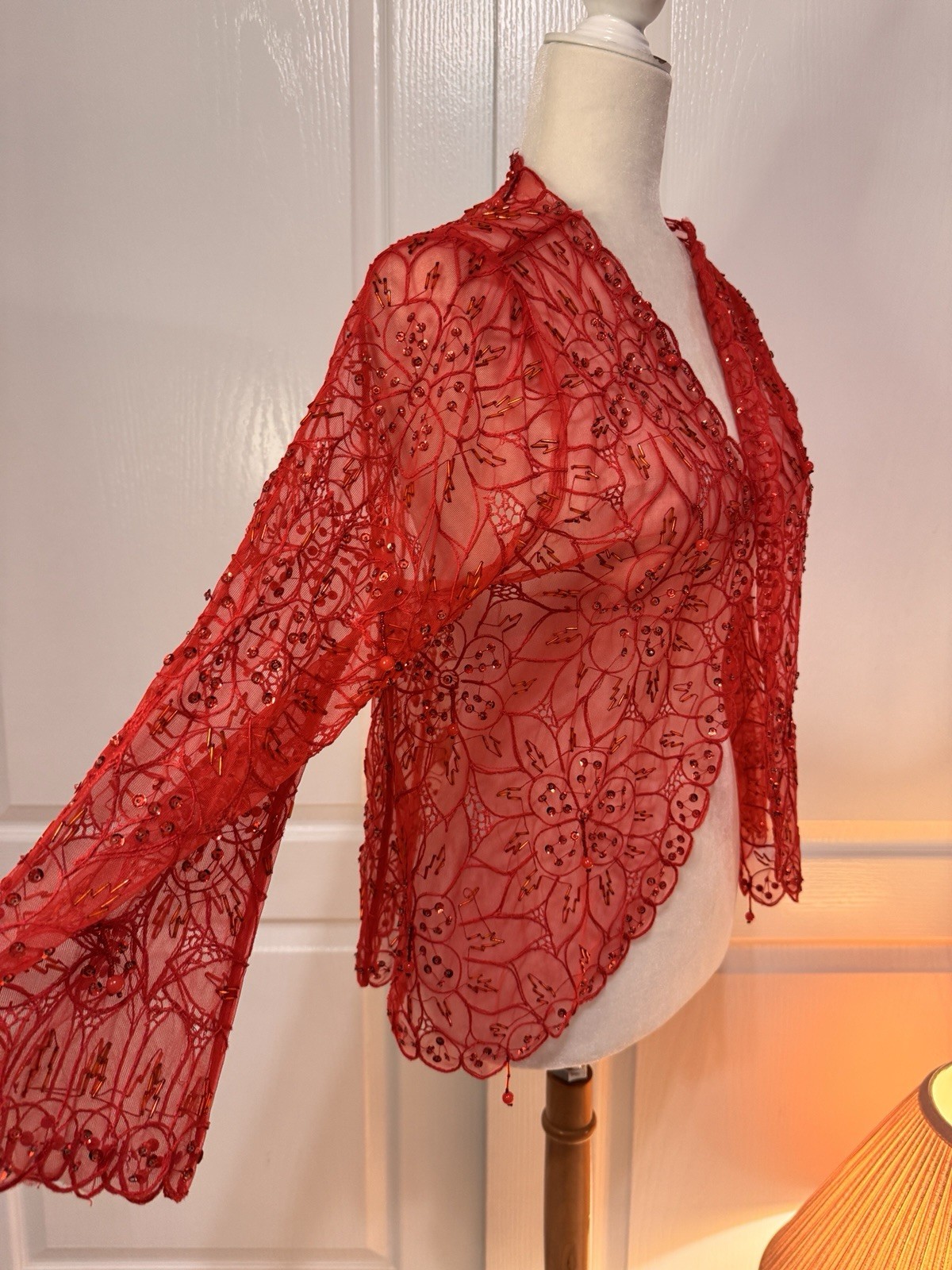 Vintage Red Beaded Mesh Cardigan Sheer Lace Sequin Shrug 90s Y2K Romantic Grunge