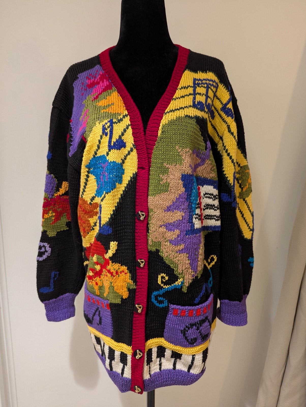 Vintage 1990s Berek Marta D Hand Knit Cardigan Sweater Large Cotton Music Band