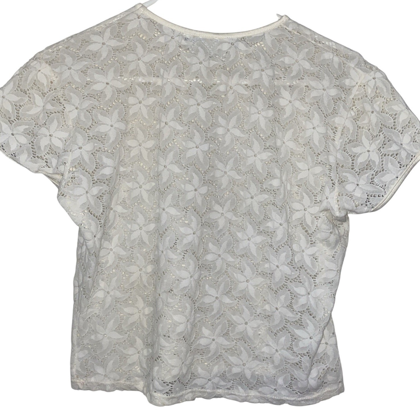 Sheer White cream Floral Lace Top 90s USA Medium Shirt Twee Cap Sleeve