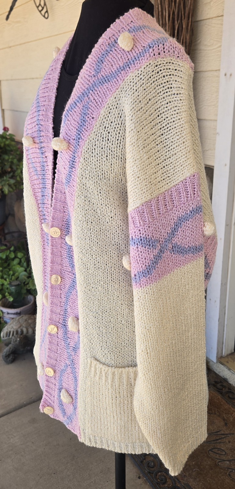 1980s CHAUS SPORT Pastel Pink And Blue Chunky Knit Cardigan Sweater Size Medium