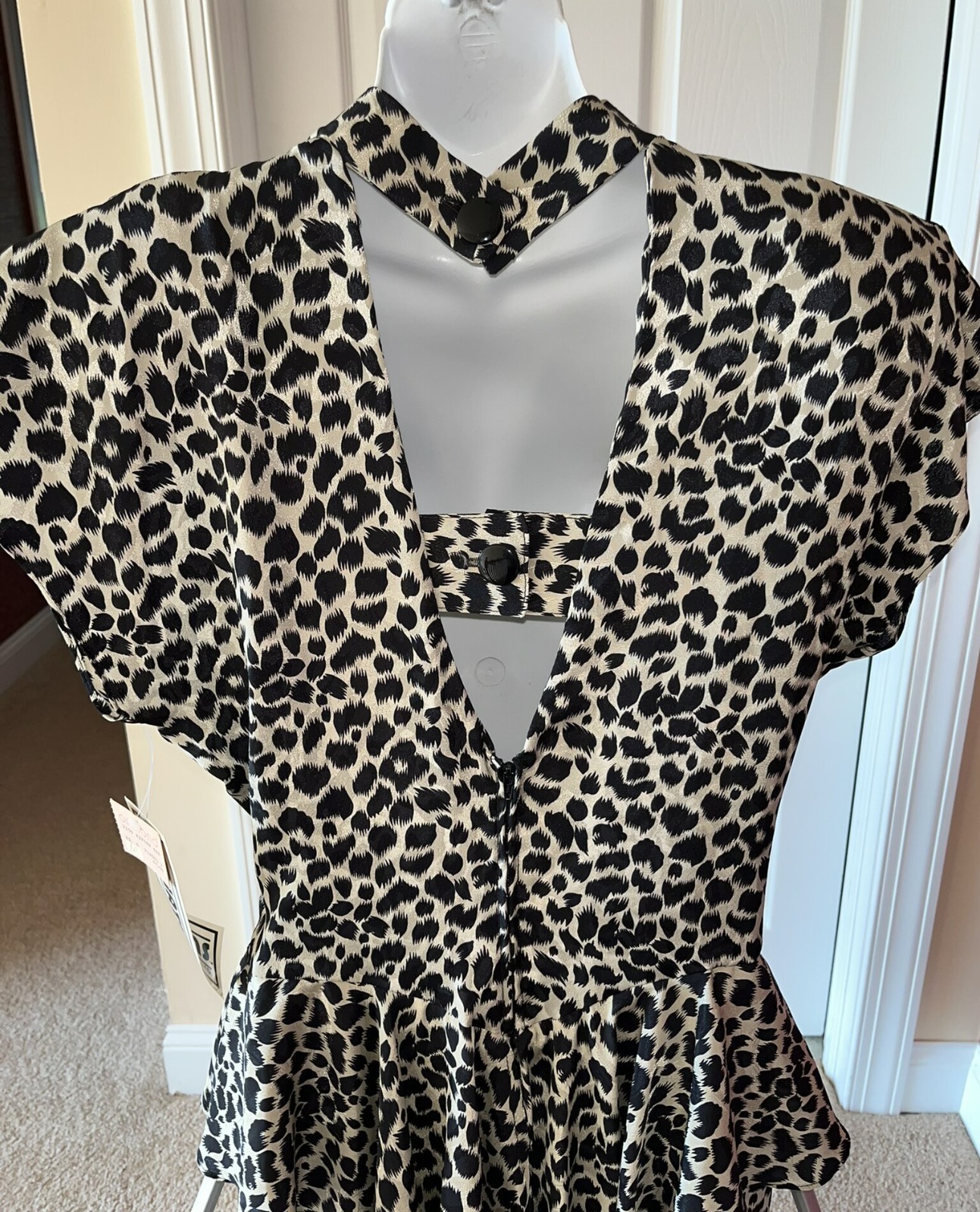 Vintage Tags 1980s Leopard Print Peplum Cap Slv Dress Open Back Sz 16 Curr 10-12